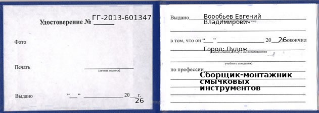 Образец удостоверения сборщика-монтажника смычковых инструментов в Пудоже с печатью и подписью