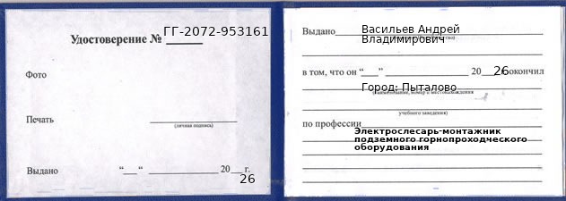 Образец удостоверения электрослесаря-монтажника подземного горнопроходческого оборудования в Пыталове с печатью и подписью