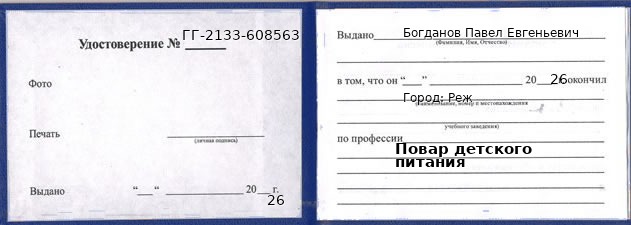 Образец удостоверения повара детского питания в Реже с печатью и подписью