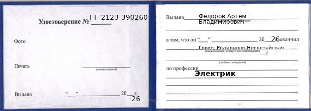Образец удостоверения электрика в Родионове-Несветайской с печатью и подписью
