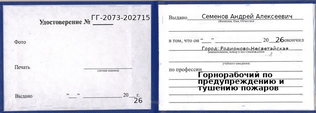 Образец удостоверения горнорабочего по предупреждению и тушению пожаров в Родионове-Несветайской с печатью и подписью