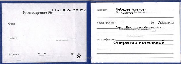 Образец удостоверения оператора котельной в Родионове-Несветайской с печатью и подписью