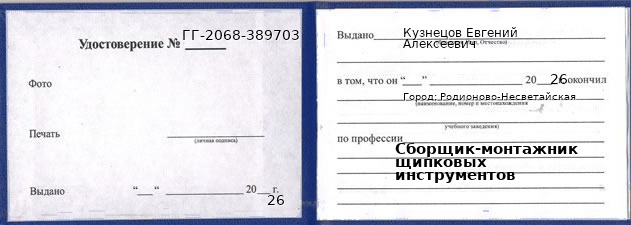 Образец удостоверения сборщика-монтажника щипковых инструментов в Родионове-Несветайской с печатью и подписью