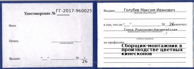 Образец удостоверения сборщика-монтажника в производстве цветных кинескопов в Родионове-Несветайской с печатью и подписью