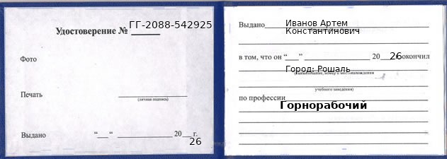 Образец удостоверения горнорабочего в Рошале с печатью и подписью