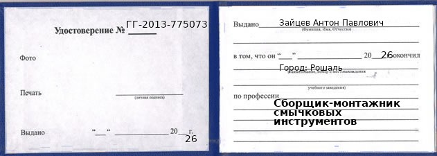 Образец удостоверения сборщика-монтажника смычковых инструментов в Рошале с печатью и подписью