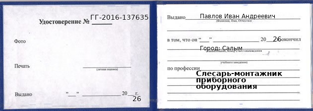 Образец удостоверения слесаря-монтажника приборного оборудования в Салыме с печатью и подписью