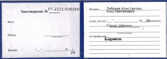Образец удостоверения бармена в Щекине с печатью и подписью