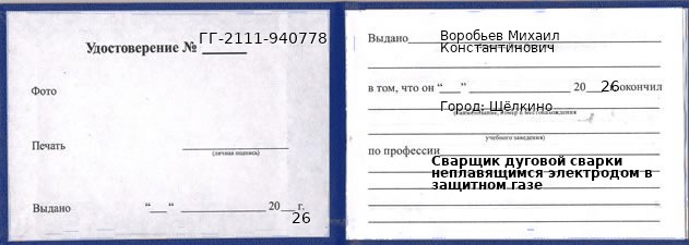 Образец удостоверения сварщика дуговой сварки неплавящимся электродом в защитном газе в Щёлкино с печатью и подписью