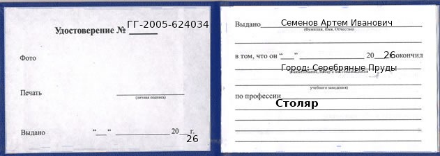 Образец удостоверения столяра в Серебряных Прудах с печатью и подписью