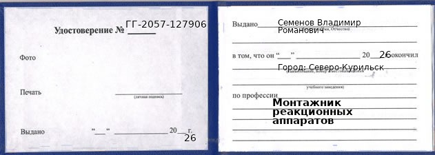 Образец удостоверения монтажника реакционных аппаратов в Северо-Курильске с печатью и подписью