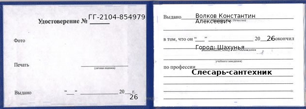 Образец удостоверения слесаря-сантехника в Шахунье с печатью и подписью
