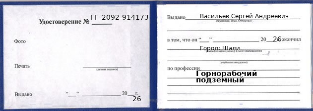 Образец удостоверения горнорабочего подземного в Шали с печатью и подписью