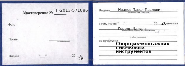 Образец удостоверения сборщика-монтажника смычковых инструментов в Шатуре с печатью и подписью