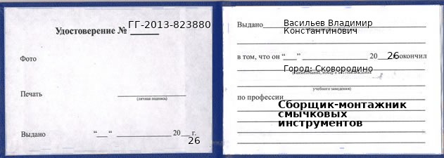 Образец удостоверения сборщика-монтажника смычковых инструментов в Сковородине с печатью и подписью