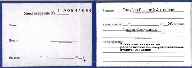 Образец удостоверения электромонтажника по распределительным устройствам и вторичным цепям в Соликамске с печатью и подписью