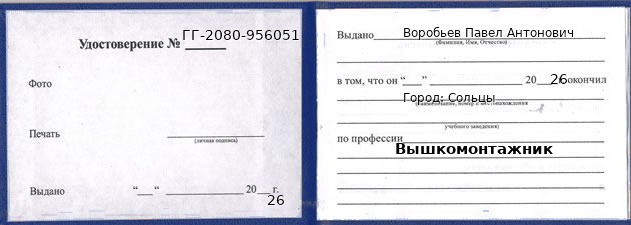 Образец удостоверения вышкомонтажника в Сольцах с печатью и подписью