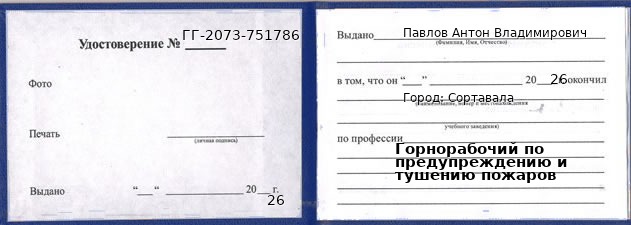 Образец удостоверения горнорабочего по предупреждению и тушению пожаров в Сортавале с печатью и подписью