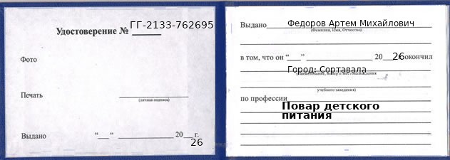 Образец удостоверения повара детского питания в Сортавале с печатью и подписью