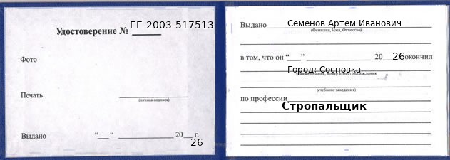 Образец удостоверения стропальщика в Сосновка с печатью и подписью
