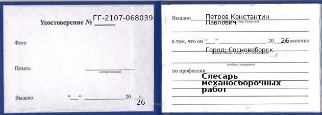 Образец удостоверения слесаря механосборочных работ в Сосновоборске с печатью и подписью