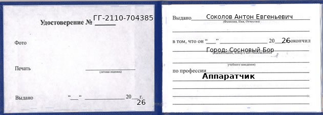 Образец удостоверения аппаратчика в Сосновом Боре с печатью и подписью