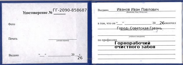 Образец удостоверения горнорабочего очистного забоя в Советской Гавани с печатью и подписью