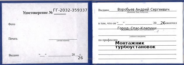 Образец удостоверения монтажника турбоустановок в Спасе-Клепики с печатью и подписью
