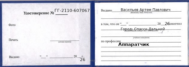 Образец удостоверения аппаратчика в Спасске-Дальнем с печатью и подписью