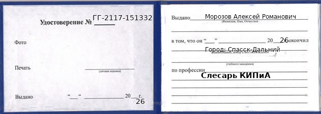 Образец удостоверения слесаря КИПиА в Спасске-Дальнем с печатью и подписью