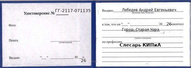 Удостоверение слесаря КИПиА – образец, Старая Чара