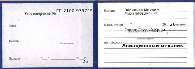 Образец удостоверения авиационного механика в Старый Крым с печатью и подписью