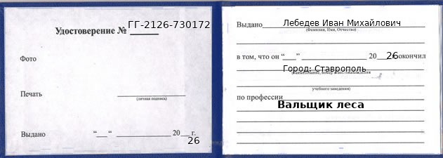Образец удостоверения вальщика леса в Ставрополе с печатью и подписью