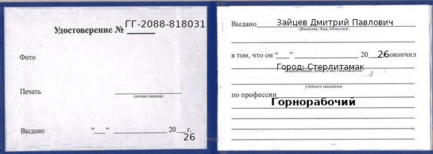 Образец удостоверения горнорабочего в Стерлитамаке с печатью и подписью