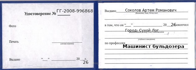 Образец удостоверения машиниста бульдозера в Сухом Логе с печатью и подписью