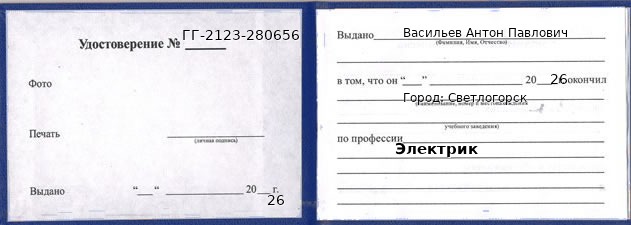 Образец удостоверения электрика в Светлогорске с печатью и подписью