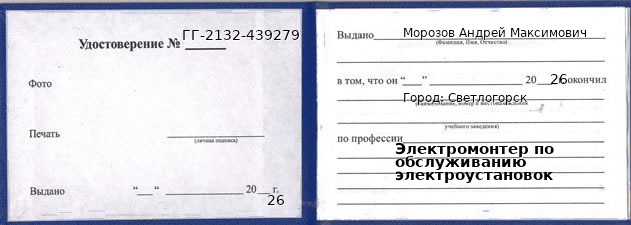 Образец удостоверения электромонтера по обслуживанию электроустановок в Светлогорске с печатью и подписью