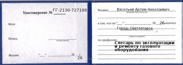 Образец удостоверения слесаря по эксплуатации и ремонту газового оборудования в Светлогорске с печатью и подписью