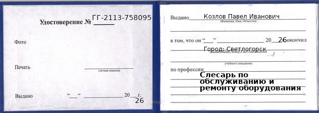 Образец удостоверения слесаря по обслуживанию и ремонту оборудования в Светлогорске с печатью и подписью
