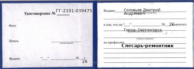 Образец удостоверения слесаря-ремонтника в Светлогорске с печатью и подписью