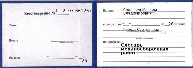 Образец удостоверения слесаря механосборочных работ в Светлограде с печатью и подписью