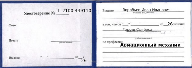 Образец удостоверения авиационного механика в Сычевке с печатью и подписью