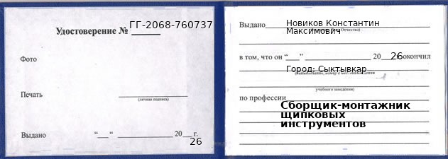 Образец удостоверения сборщика-монтажника щипковых инструментов в Сыктывкаре с печатью и подписью