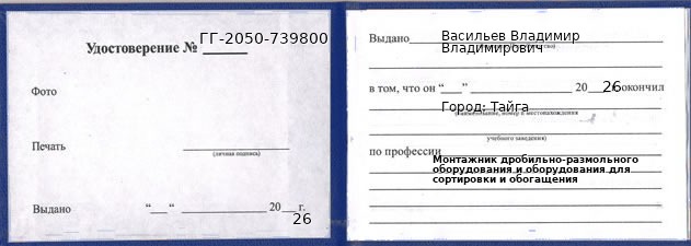 Образец удостоверения монтажника дробильно-размольного оборудования и оборудования для сортировки и обогащения в Тайге с печатью и подписью