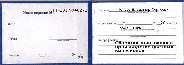 Образец удостоверения сборщика-монтажника в производстве цветных кинескопов в Тайге с печатью и подписью