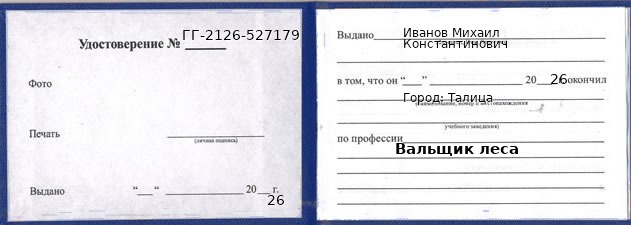 Образец удостоверения вальщика леса в Талице с печатью и подписью