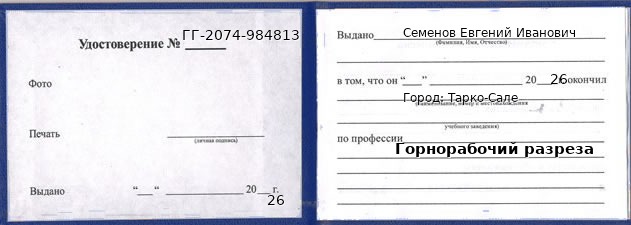 Образец удостоверения горнорабочего разреза в Тарко-Сале с печатью и подписью