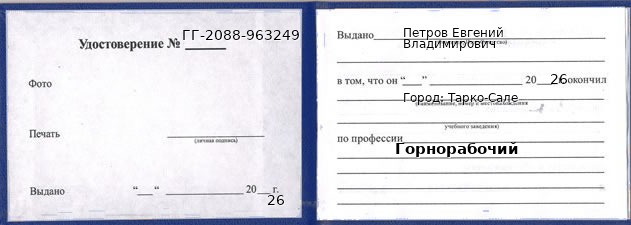 Образец удостоверения горнорабочего в Тарко-Сале с печатью и подписью