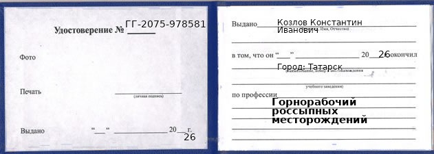 Образец удостоверения горнорабочего россыпных месторождений в Татарске с печатью и подписью