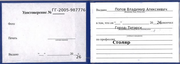 Образец удостоверения столяра в Татарске с печатью и подписью